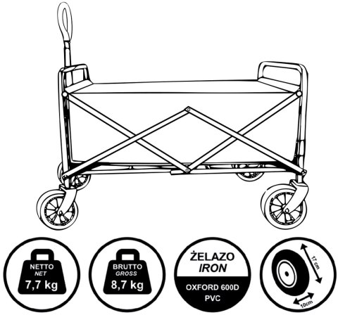 WÓZEK TURYSTYCZNO PLAŻOWY DELUXE SKŁADANY 66x48x90CM Z UCHWYTEM NIEBIESKI