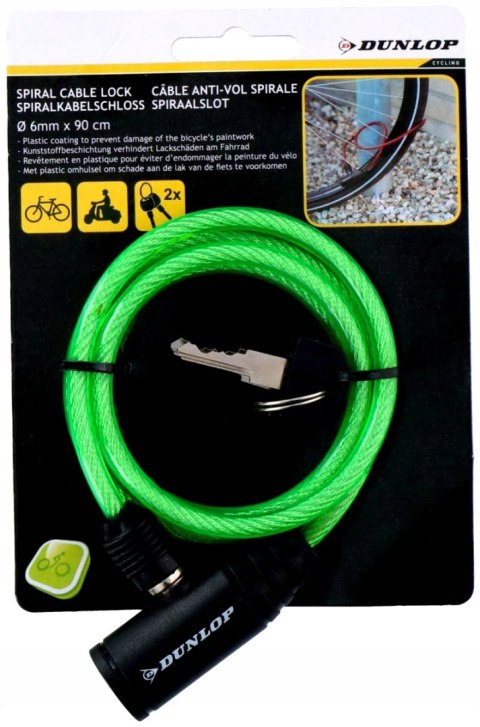 ZAPIĘCIE ROWEROWE DUNLOP SPIRALNE NA KLUCZ 0,6x90CM ZIELONY